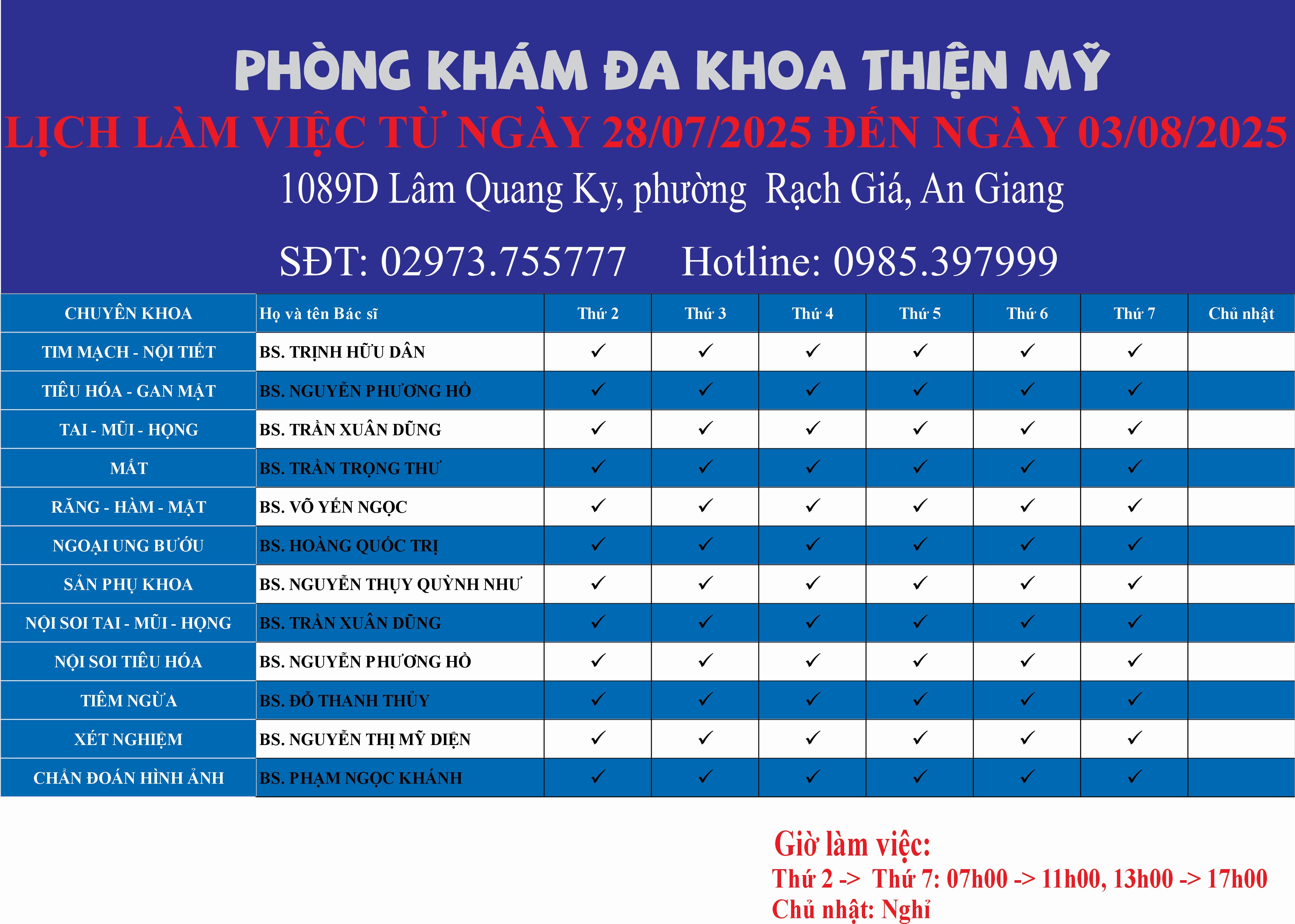 LỊCH LÀM VIỆC TỪ NGÀY 28/07/2025 ĐẾN NGÀY 03/08/2025
